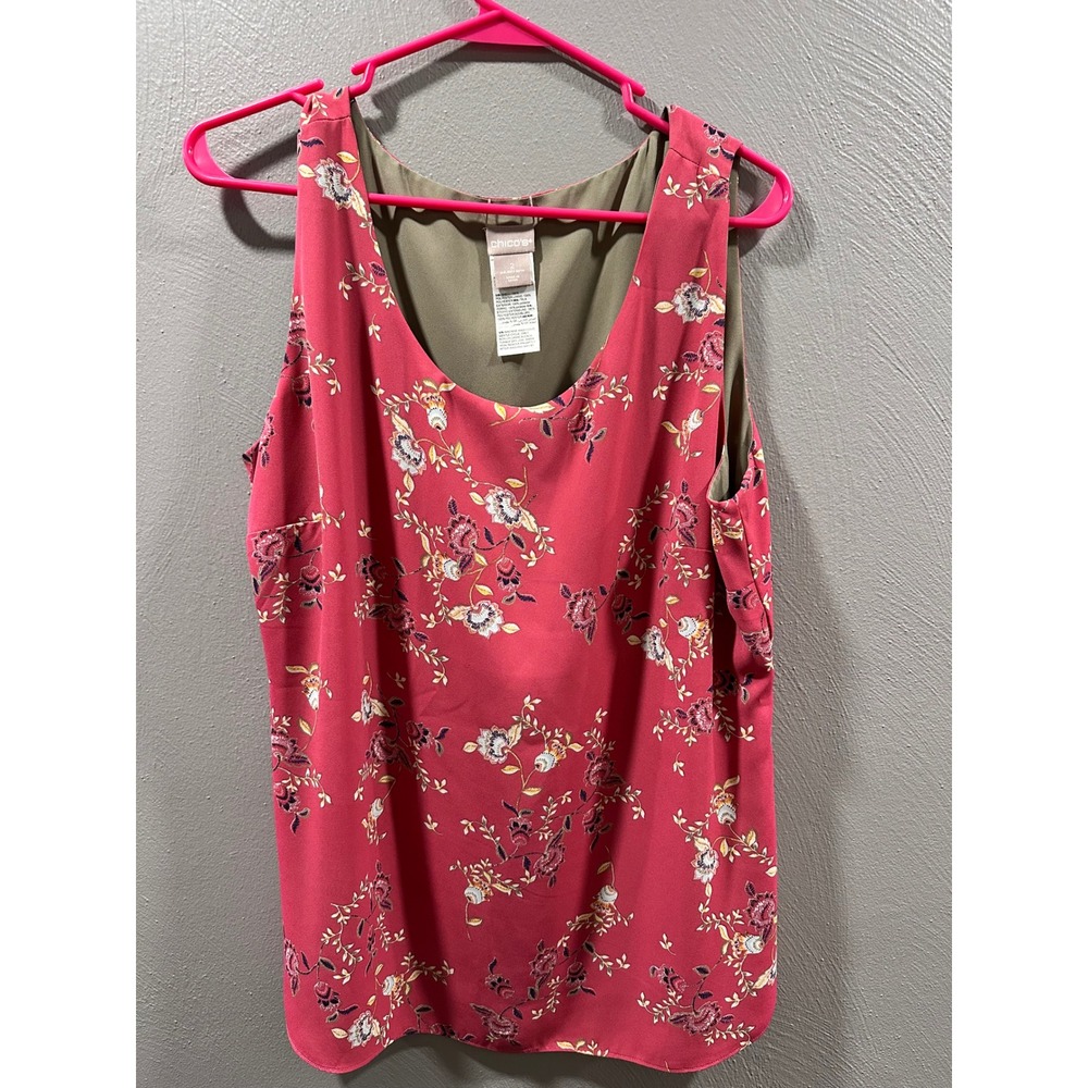 Chicos Reversible Floral Tank Top Pink Olive Green Sleeveless Blouse Size 2 L